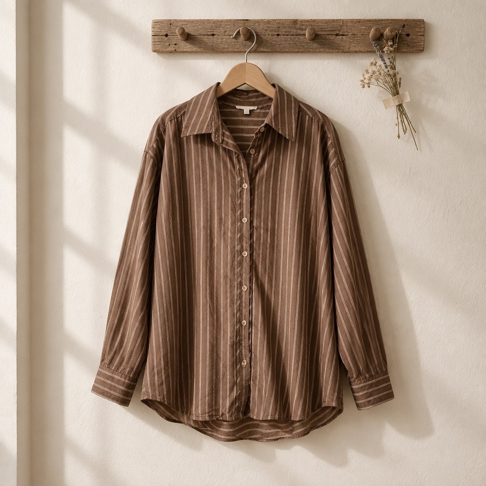 Easel Los Angeles Brown White Striped Oversized Button Down Shirt Small NEW